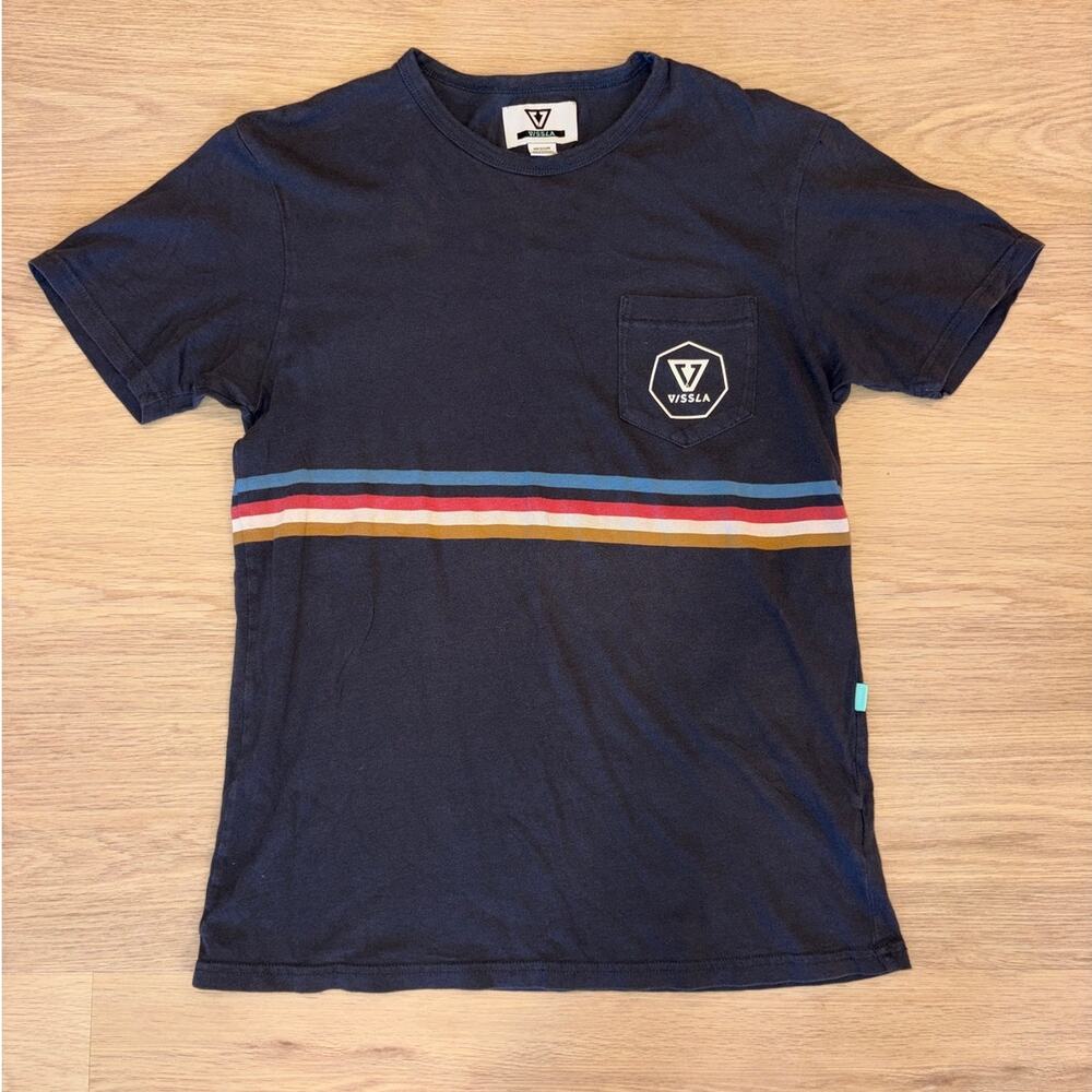 Vissla dark gray short sleeve t shirt pocket retro stripe design mens medium